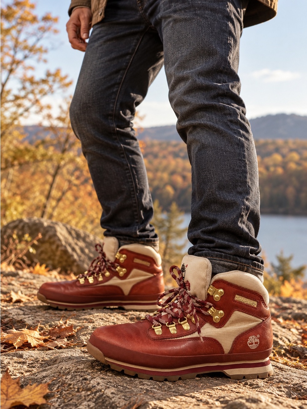 Vintage Timberland Red Leather Canvas Hiking Boots Gold Hardware Sz 9M